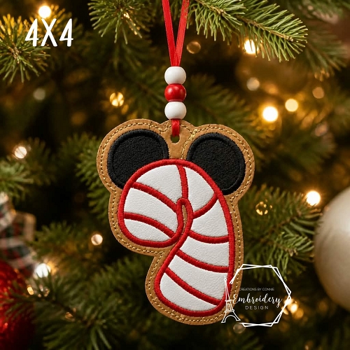Mr Mouse Candy Cane Ornament Embroidery Design - 4x4